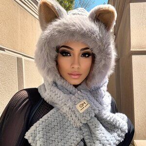 Cat Ears Hooded Furry Hat‎ Scarf Neck Warmer (Gray) BRAND-NEW & SO CUTE!